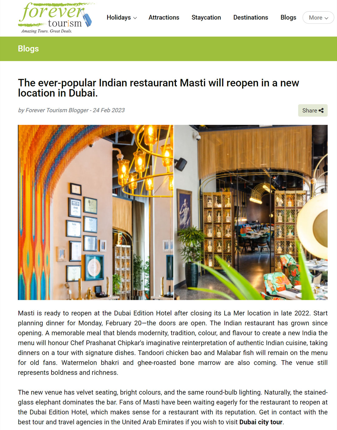 Forever Tourism Masti reopening in Dubai with Chef Prashant Chipkar